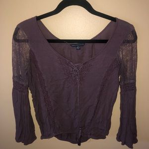 American Eagle Outfitters Mauve Lace-Trim Boho Blouse